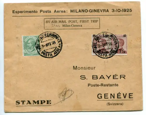 Mailand/Genf vom 3.10.25 - Aerogramm des Erstfluges