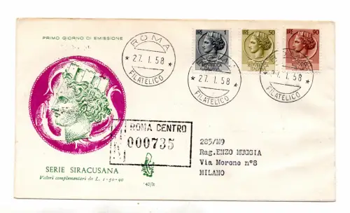 Italia FDC Venetia 1958 Siracusana Lit. 1, 50 und 90 gereist Racc. für Italien