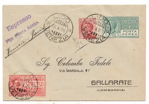 Luftpost Lire 5 Nr. 7 auf Express-Aerogramm am 15.4.26