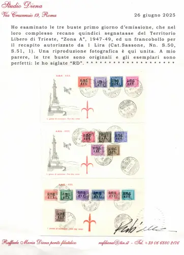 Triest A - Steuermarken Nr. 1/15 auf zwei Umschlägen FDC Stempel