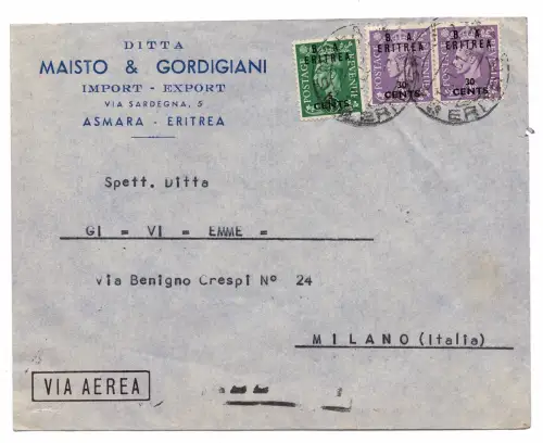B. A. Eritrea - Nr. 14 + 18 Paar auf Aerogramm nach Mailand