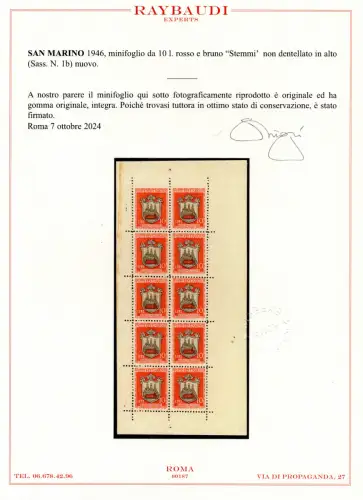 Kleinbogen Wappen Lire 10 Sorten Nr. 1b - Cert. Raybaudi