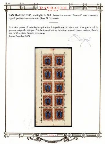 Kleinbogen Wappen Lire 20 Sorten Nr. 3c - Cert. Raybaudi oro - MNH