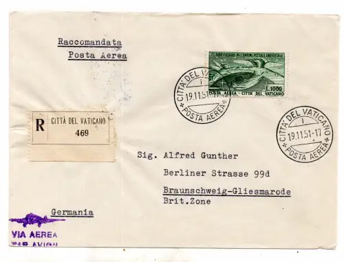 U.P.U. Lire 1.000 Luftpost Nr. 19 isoliert auf Racc. auf dem Luftweg