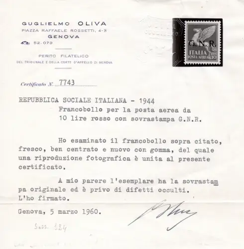 GNR Luftpost 10 Lire Verona Nr. 124 Zertifikat - MH