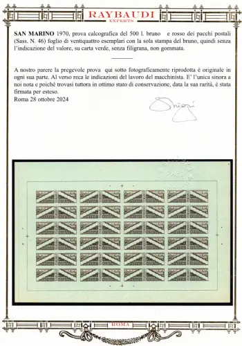 Postpakete - Druckprüfbogen - Unikat Zert. oro Raybaudi