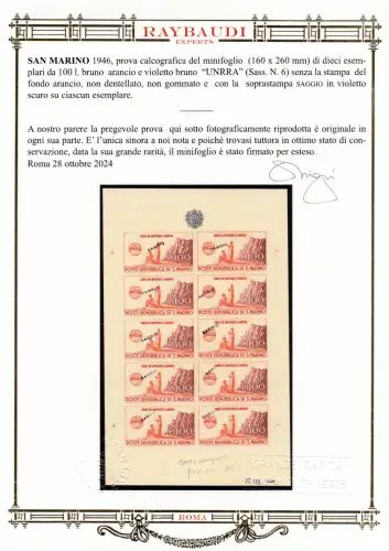 UNRRA - Kleinblatt-Kalkdruckprobe - Rarität Cert. oro Raybaudi