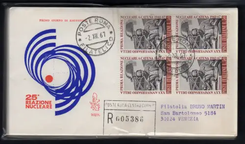 Italien FDC Venetia 1967 Atomreaktion Viertelreise Racc. für Italien