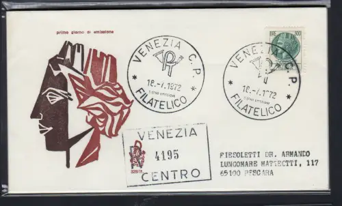 Italien FDC Venetia 1972 Syrakus Lire 300 gereist Racc. für Italien