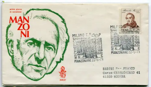 Italien FDC Venetia 1973 Manzoni reiste nach Italien