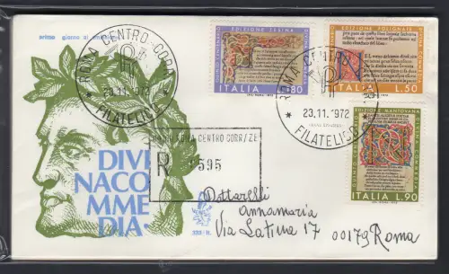 Italien FDC Venetia 1972 Göttliche Komödie gereist Racc. für Italien 1047
