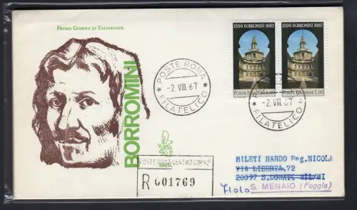 Italien FDC Venetia 1967 Borromini Paar gereist Racc. für Italien