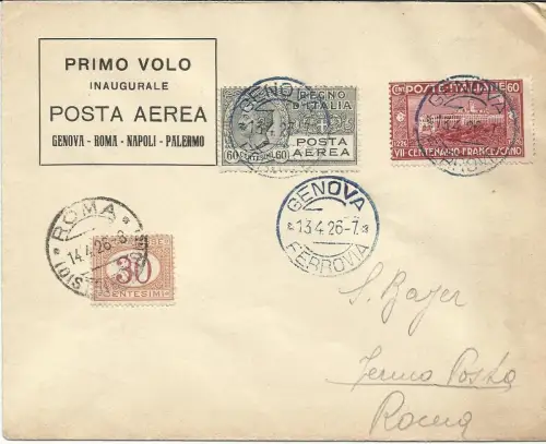 Genua/Rom vom 13.4.26 - Aerogramm mit I. Linienflug