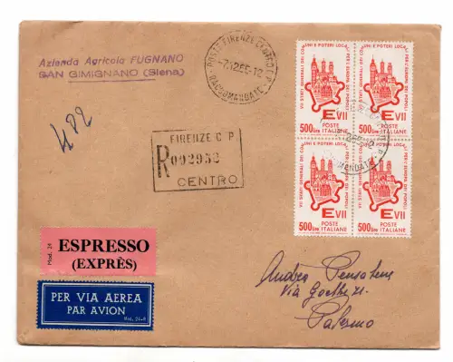 Generalstaaten L.500 Quartina auf Racc.exp-Umschlag. aira Firenze-Palermo