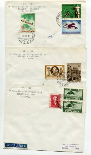 Alitalia Mailand/Palermo vom 1.11.64 - Drei Depeschen mit Flug AZ 132