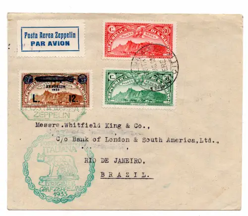Luftpost Zeppelin Lire 12 auf Aerogramm nach Rio de Janeiro