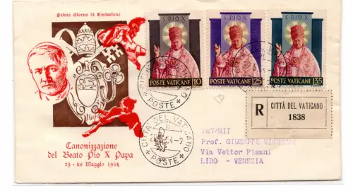 1954 Pius X Nr. 182/184 Serie auf FDC Venetia Racc.