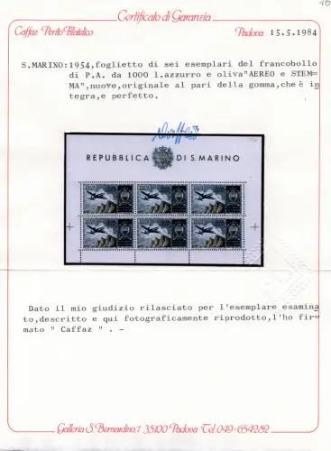 1954 Flugzeug Lire 1.000 Bogen Nr. 16 Zert. Caffaz - MNH