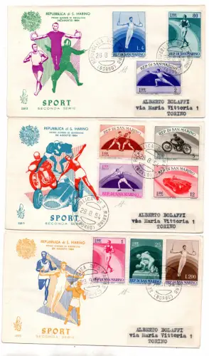 1954 Sport 2 Nr. 409/418 Serie auf drei FDC Venetia nach Turin
