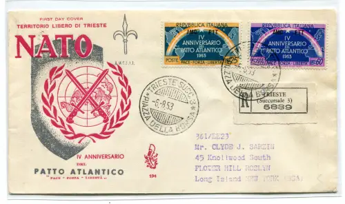 Triest A FDC Venetia 1953 Atlantikpakt gereist Racc. ins Ausland