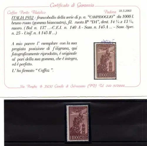 Luftpost Lire 1.000 filigranes Kapitol DA - MNH