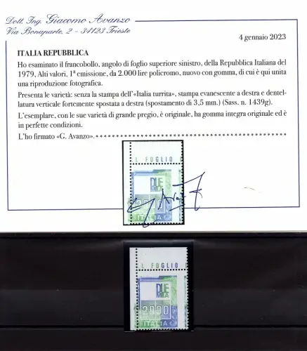 Hohe Werte Lire 2.000 ohne Kopf Nr. 1439g - MNH