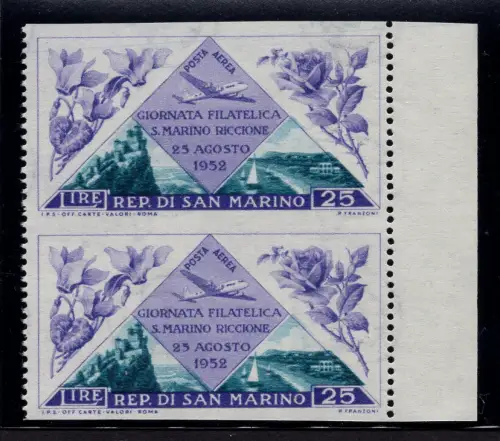 Philatelistischer Tag Lire 25 P.A. n. 107b Paar MNH