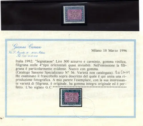 Steuermarken Lire 500 Nr. 123 filigran fast unsichtbar - postfrisch