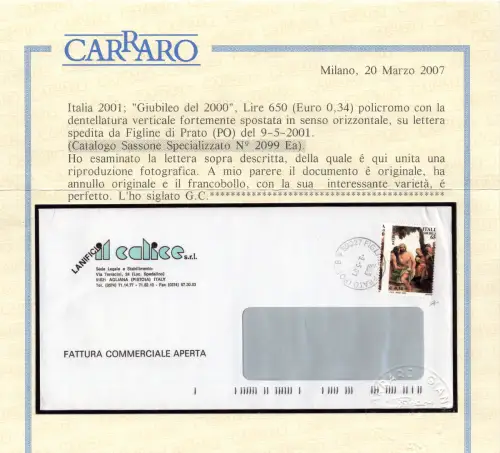 Jubiläum 2000 Lire 650 stark verschobene Zahnung auf Brief