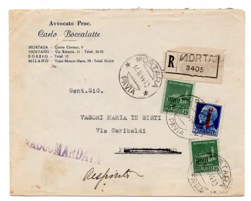 1,25 Lire Kabelbaum + Ergänzungen auf Umschlag für Racc.