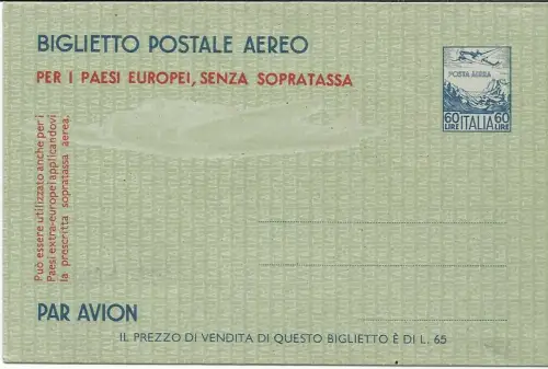 Aerogramma Lire 60 Aereo e Alpi Nr. A 1