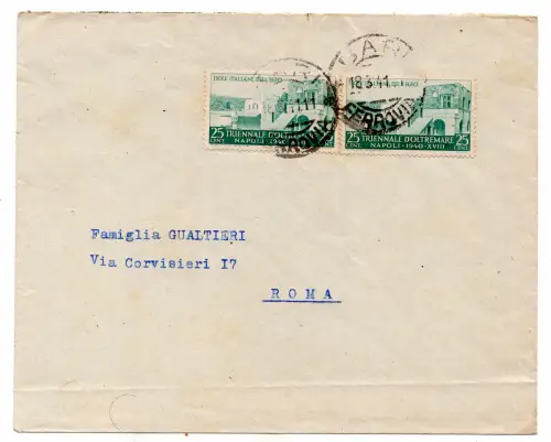 Ägäis - Triennale Cent. 25 Paar auf Umschlag aus Bari verschickt