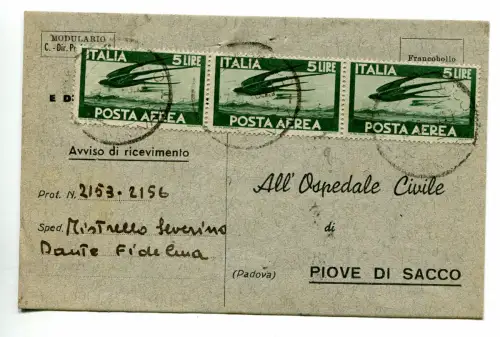 Luftpost Lire 5 Dreierstreifen auf Rückschein