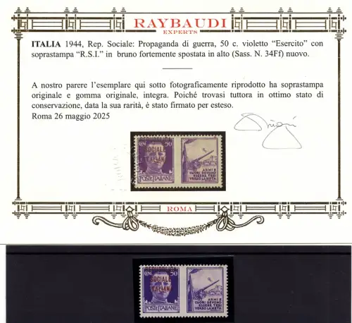 Prop. di Guerra Cent. 50 n. 34Ff - MNH - Cert. Raybaudi