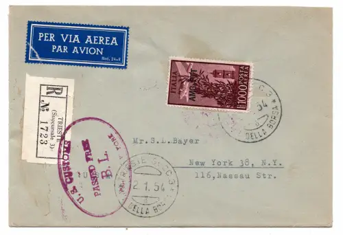 Triest A Posta Aerea Lire 1.000 isoliert auf Umschlag Racc. für die USA