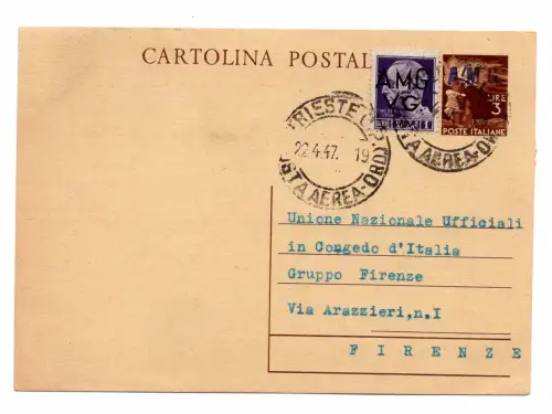 AMG.VG - C.P. Lire 3 Demokratische Nr. C3 gereist mit Zusatzmarke