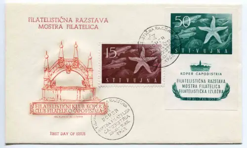 Triest B-Mostra Philatelica Capodistria Einzelmarke + Bogen Umschlag FDC