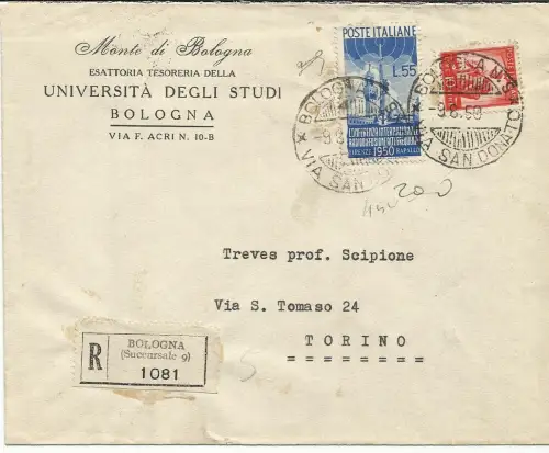 Rundfunk Lire 55 + Ergänzung auf Umschlag von Bologna nach Turin