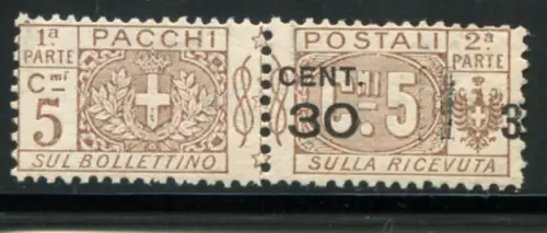 Postpakete Cent. 30 von 5 mit beiden Aufdrucken (invertiert)