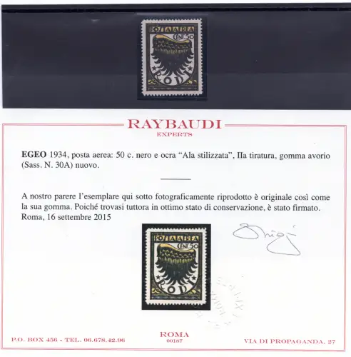 Ägäis - Luftpost Stilisierter Flügel Cent. 50 zweite Auflage