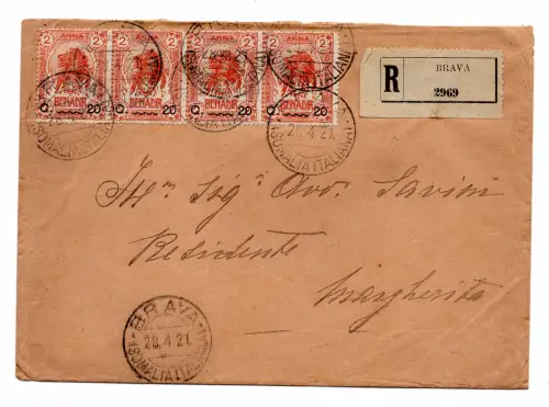 Somalia It.-Provisorische Löwen Cent.20 auf 2 Streifen mit 4 Umschlägen Racc. Brava