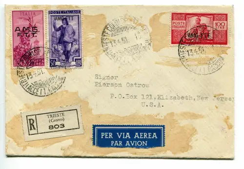 Trieste Democratica Lire 100 Umschlag Racc. auf dem Luftweg in die USA