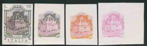 Brunnen '75 Lire 70 Sassari - Drei ungezähnte Farbversuche der Mitte