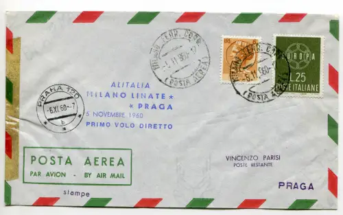 Alitalia Mailand/Prag vom 5.11.60 - Aerogramm mit Flugstempel