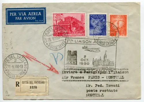 I. Flug Paris/Montreal - Aerogramm vom Vatikan nach Montreal am 29.9.50