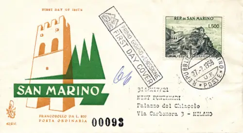 San Marino - Panoramablick 500 Lire auf Umschlag Venetia Racc.