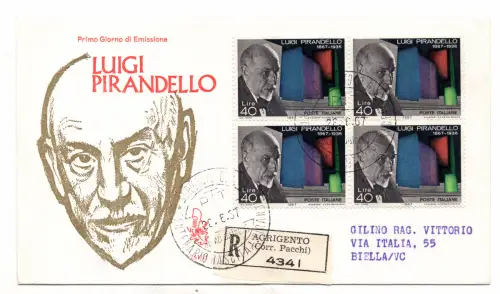 Italien FDC Venetia 1967 Pirandello Viertelreise Racc. für Italien