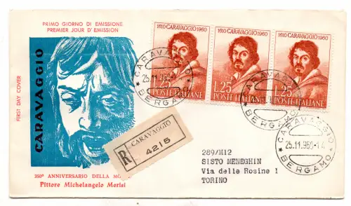 Italien FDC Venetia 1960 Caravaggio Dreierstreifen gereist Racc. für Italien