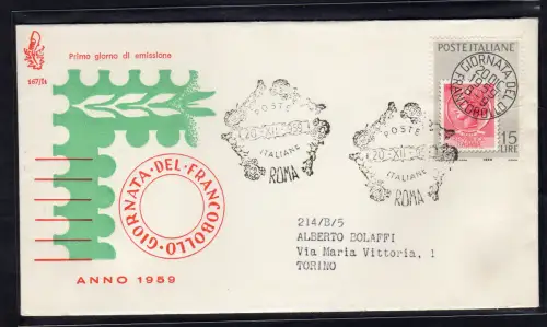 Italien FDC Venetia 1959 Tag der Briefmarke nicht gereist