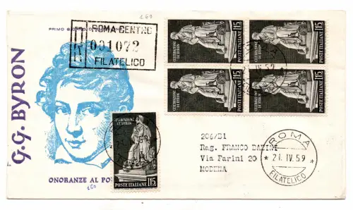 Italien FDC Venetia 1959 Byron Viertelreise Racc. für Italien